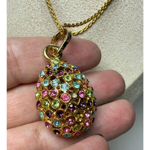 Colorful Multicolor Rhinestone Egg Pendant w/ 30" Gold Tone Chain Vintage